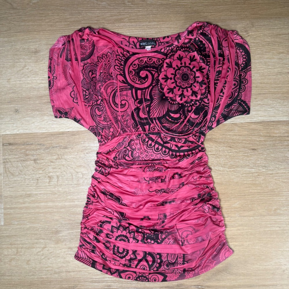 Wet Seal Y2K Pink Black Paisley Ruched Top Small Barbie Jersey Shore Ke$ha